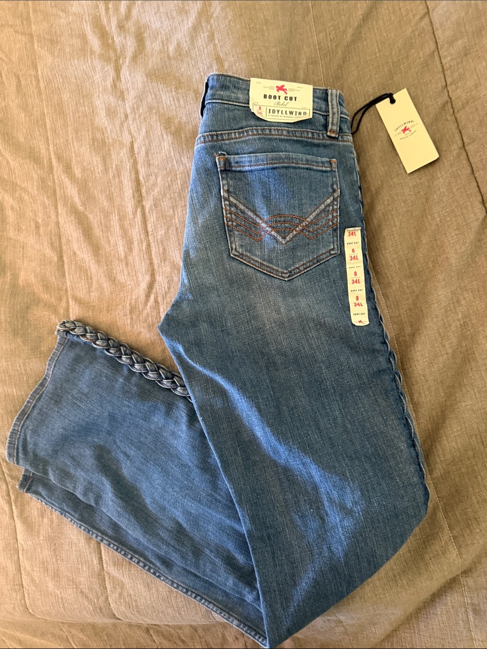Idyllwind Blue Boot Cut Jeans with Braided Hem W28” L32” NWT